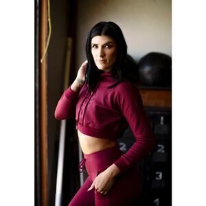 Sisters of Iron Embossed Crop Hoodie Athletic – Burgundy / Red – Small / Medium